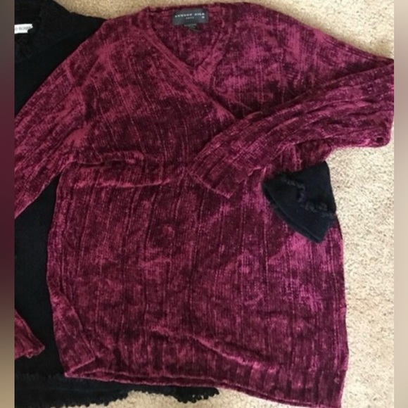 August Silk Vintage Chenille Knit Sweater Ribbed V Neck Soft Preppy Velvet Red M - Picture 10 of 11